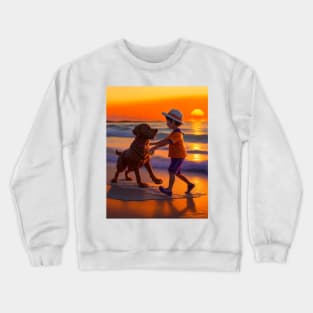 child playing with a dog on the beach. Crewneck Sweatshirt